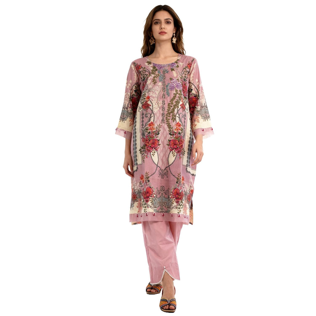 MEEROON Light Pink Floral Print & Embroidery 3 Piece Kurta Set for Women, Embroidered Kurta, Trouser/Pant & Dupatta Set