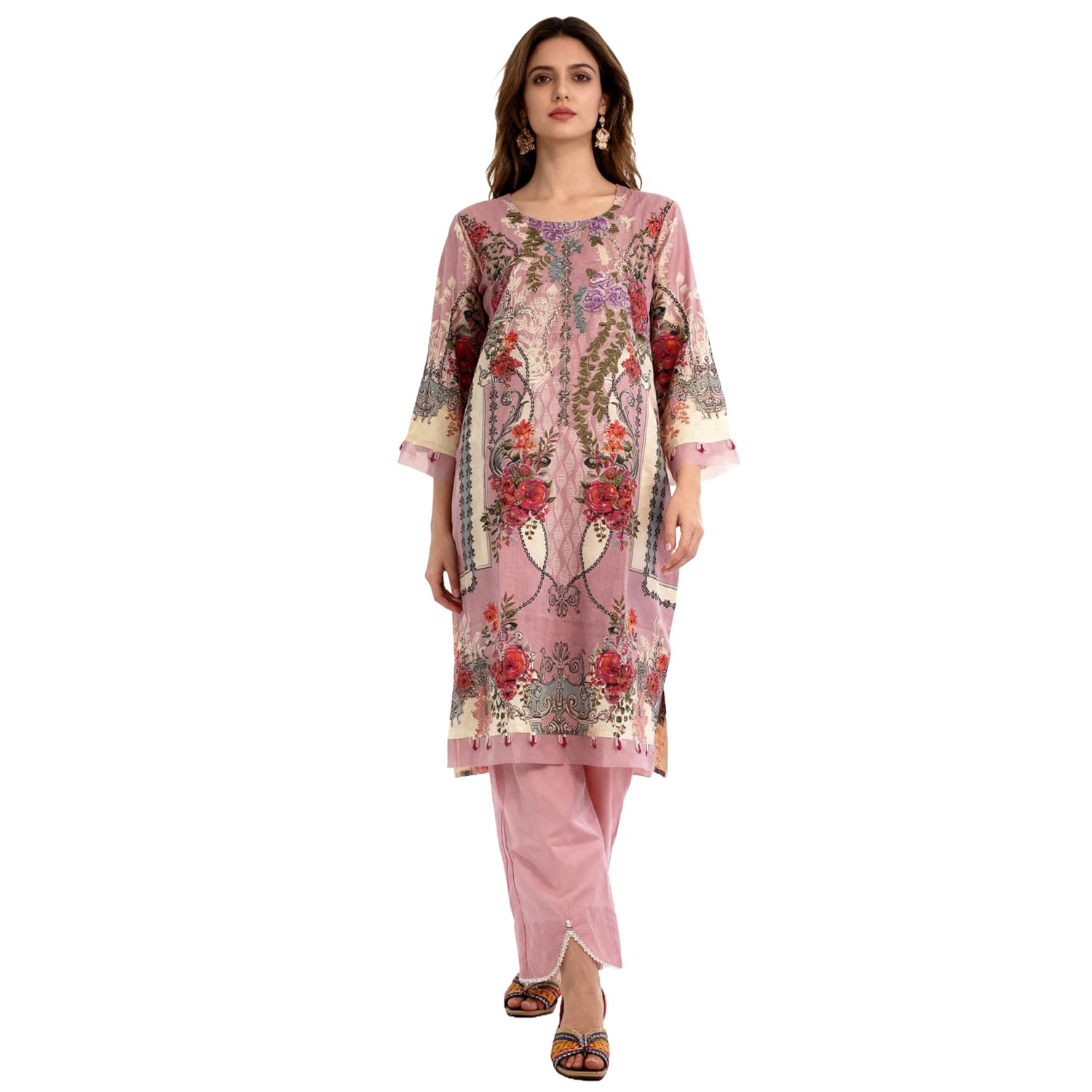 MEEROON Light Pink Floral Print & Embroidery 3 Piece Kurta Set for Women, Embroidered Kurta, Trouser/Pant & Dupatta Set