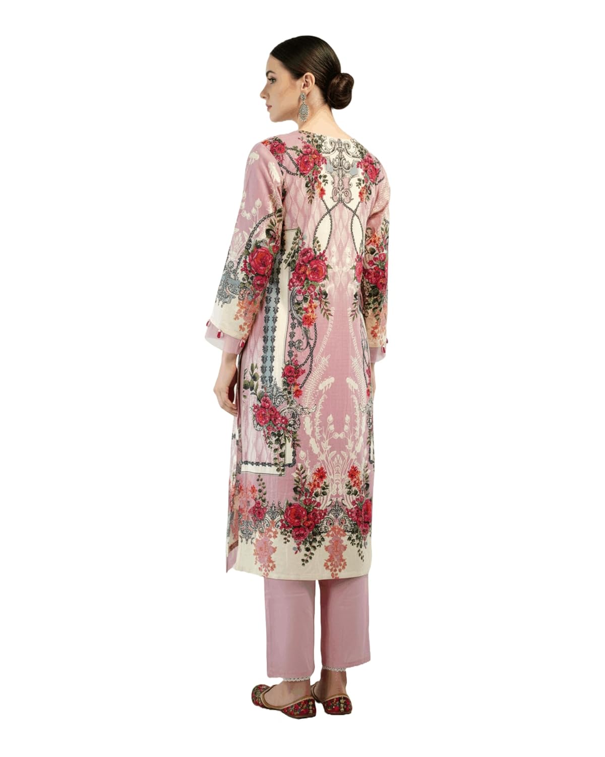 MEEROON Light Pink Floral Print & Embroidery 3 Piece Kurta Set for Women, Embroidered Kurta, Trouser/Pant & Dupatta Set