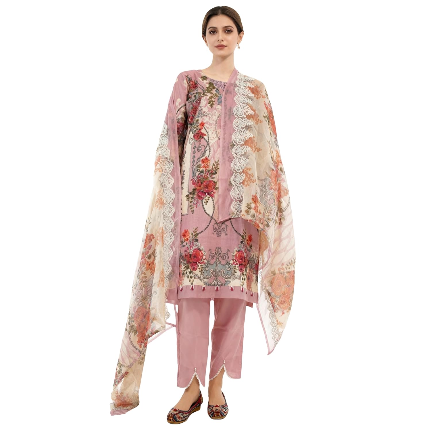 MEEROON Light Pink Floral Print & Embroidery 3 Piece Kurta Set for Women, Embroidered Kurta, Trouser/Pant & Dupatta Set