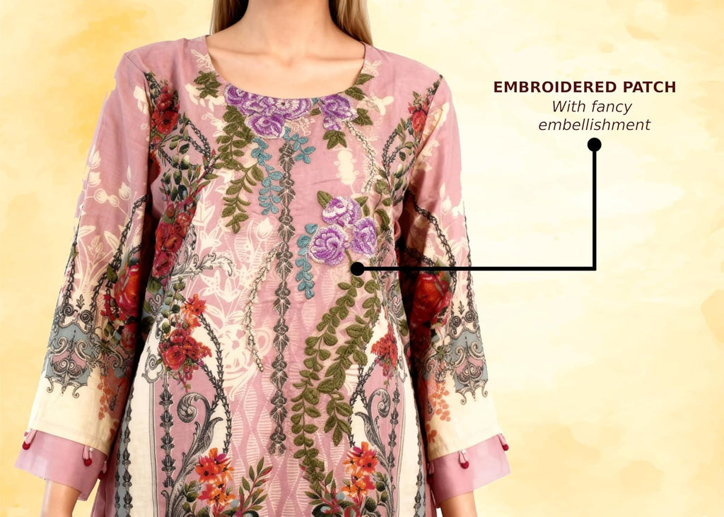 MEEROON Light Pink Floral Print & Embroidery 3 Piece Kurta Set for Women, Embroidered Kurta, Trouser/Pant & Dupatta Set