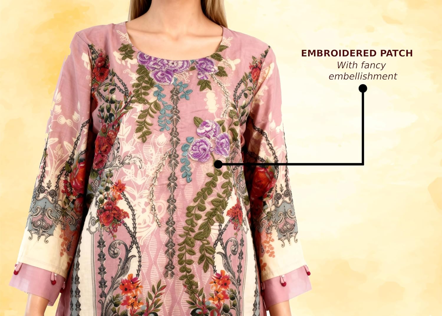 MEEROON Light Pink Floral Print & Embroidery 3 Piece Kurta Set for Women, Embroidered Kurta, Trouser/Pant & Dupatta Set