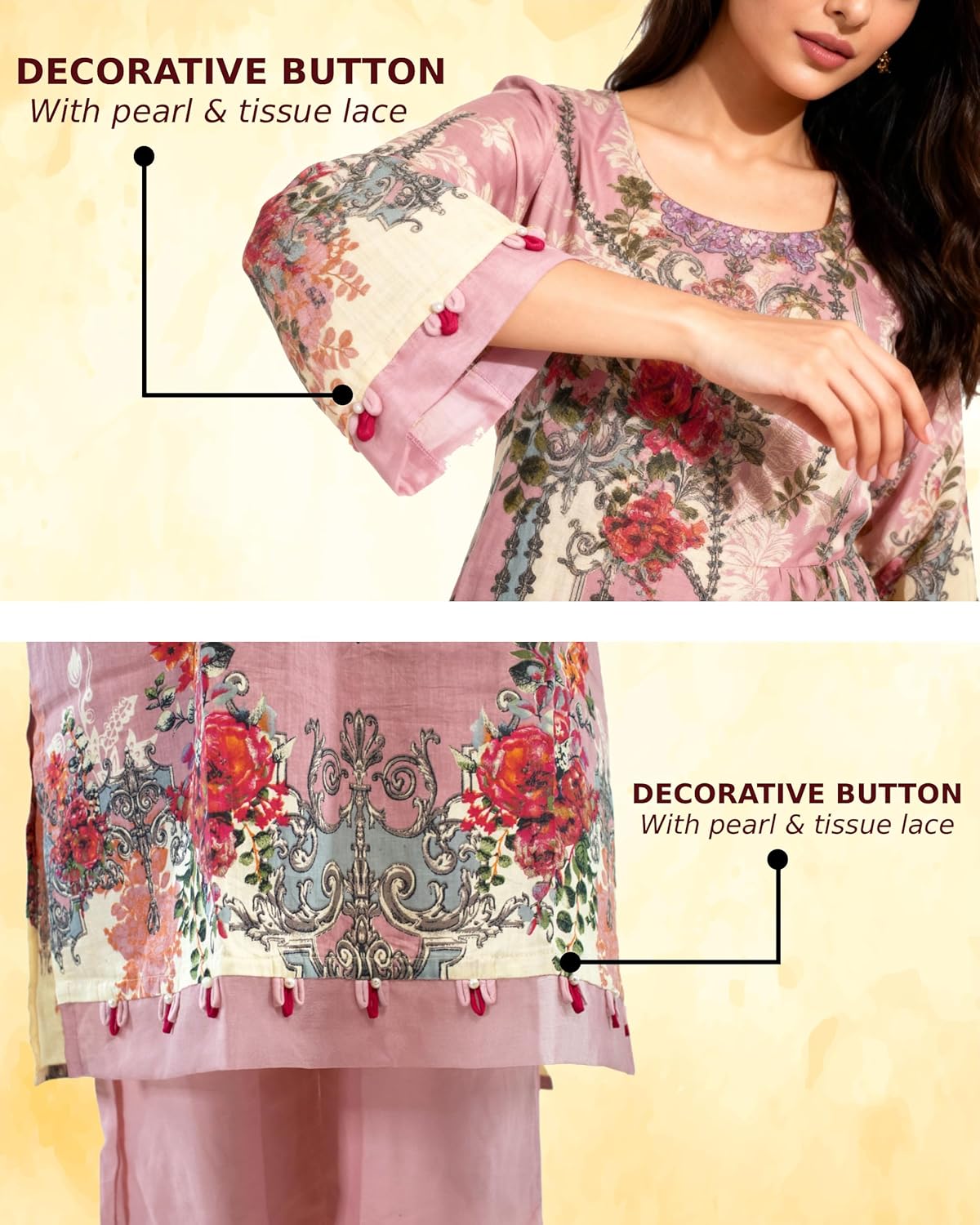 MEEROON Light Pink Floral Print & Embroidery 3 Piece Kurta Set for Women, Embroidered Kurta, Trouser/Pant & Dupatta Set